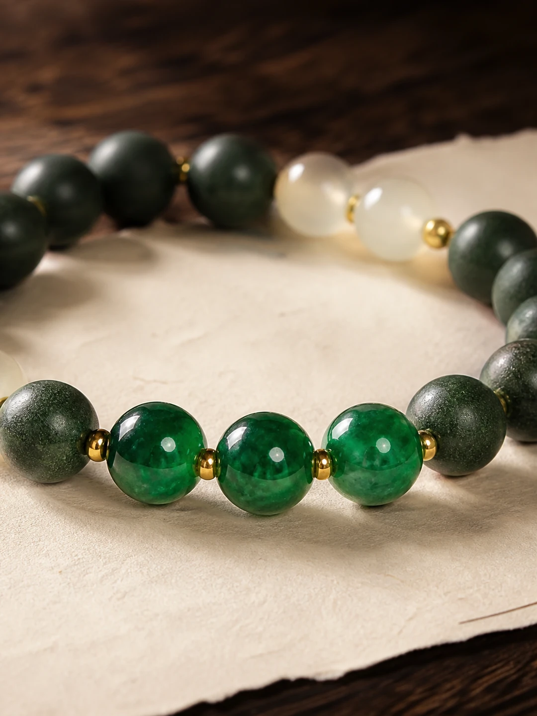 Green and White Jade Incense Bead Bracelet