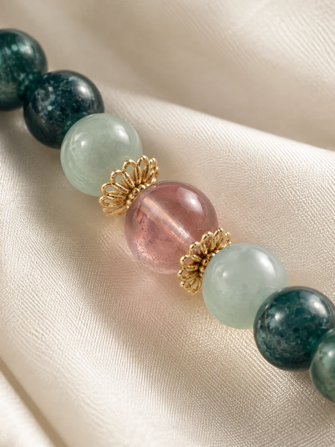 Green Jade Incense Bead Bracelet with Gold Charms