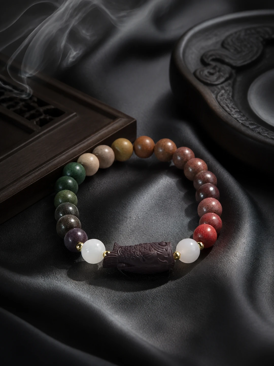 Five-Color Incense Bead Bracelet with Carved Pendant