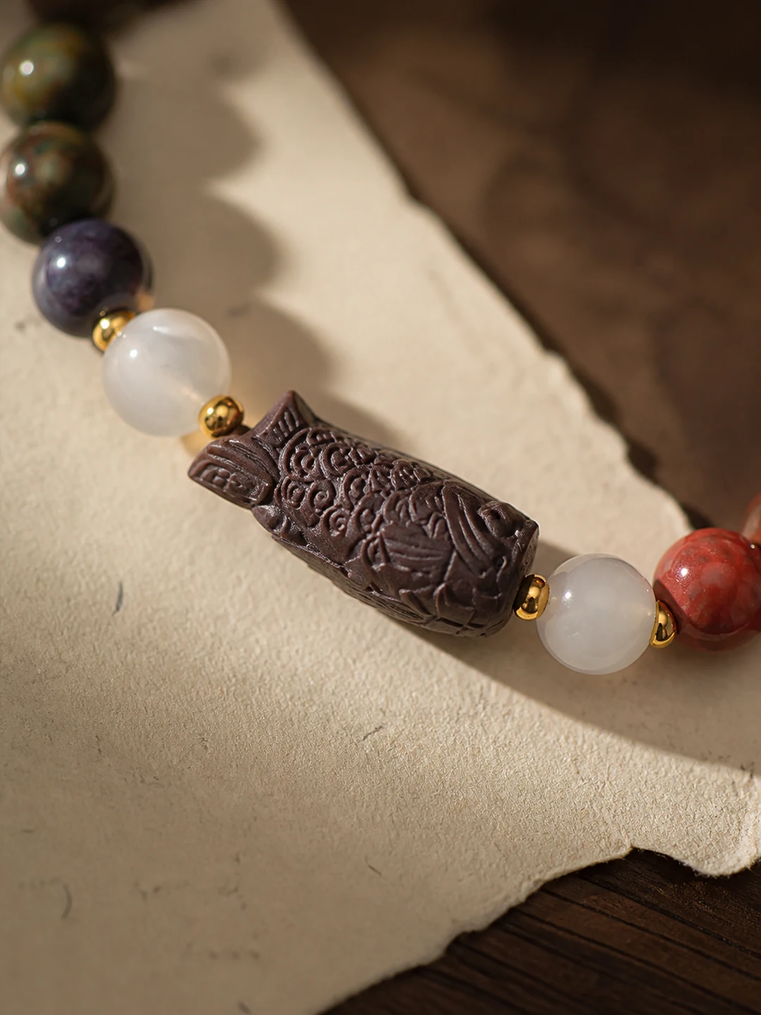 Five-Color Incense Bead Bracelet with Carved Pendant