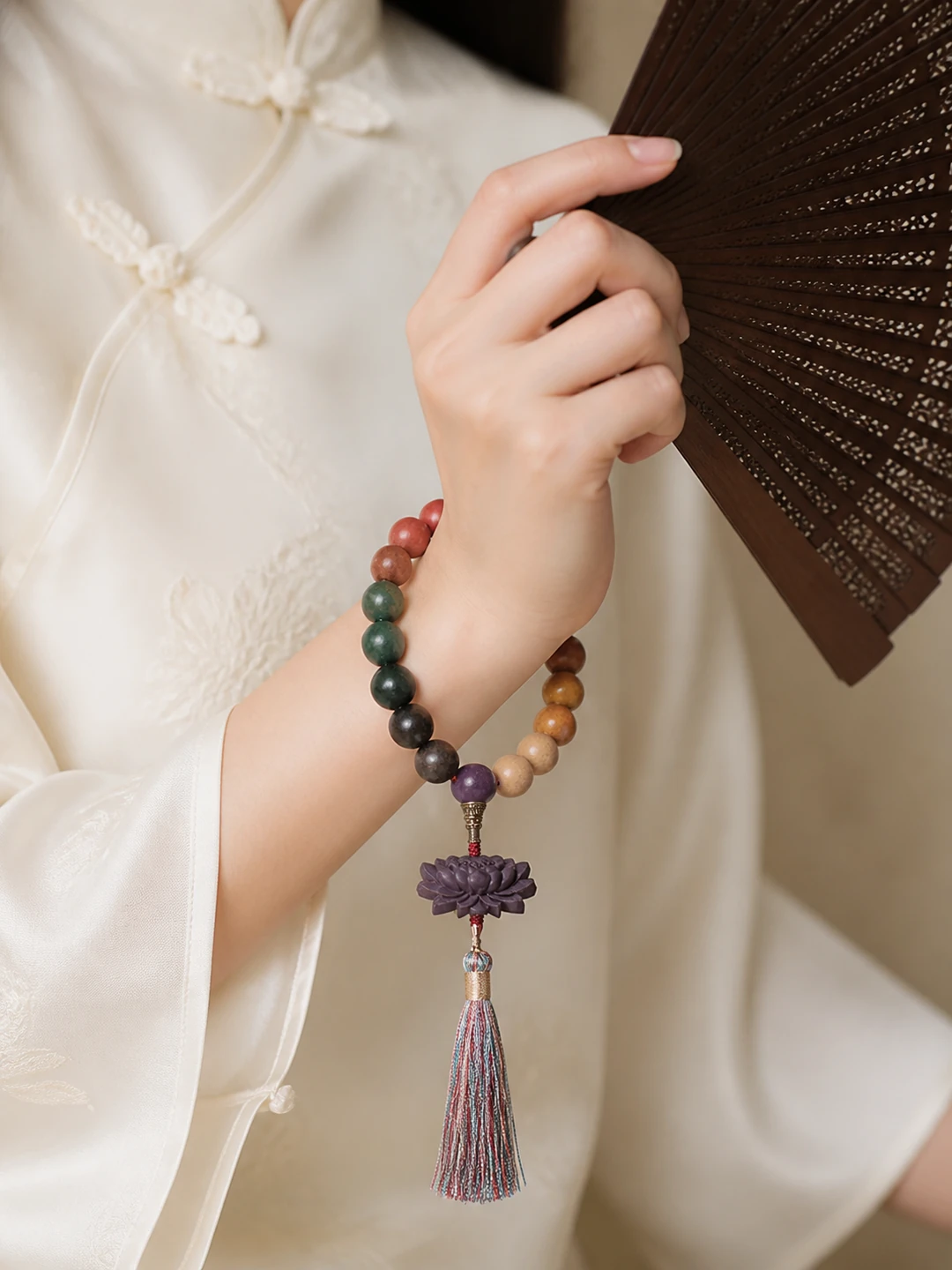 Five-Color Incense Bead Hand Mala with Lotus Tassel