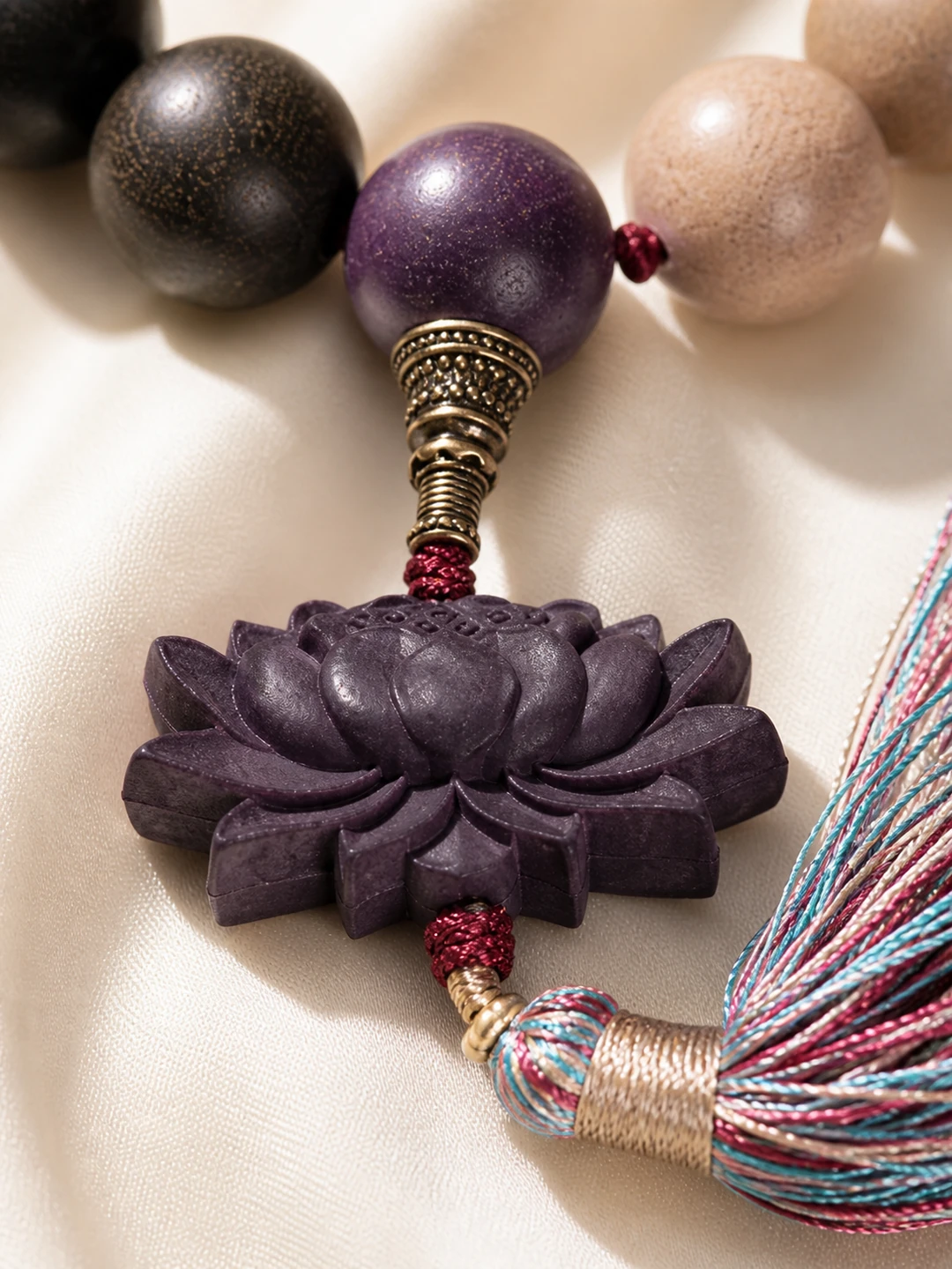 Five-Color Incense Bead Hand Mala with Lotus Tassel