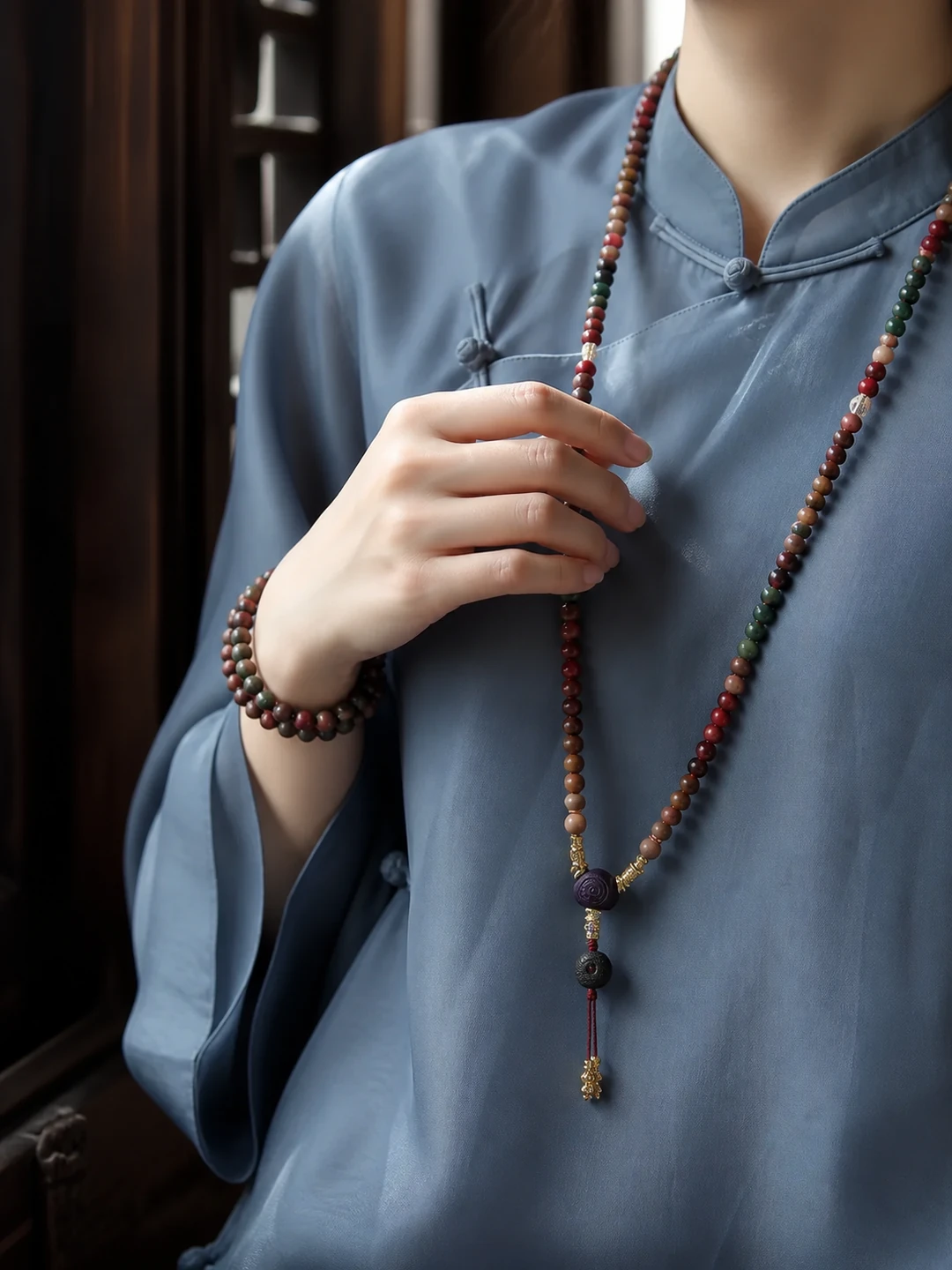 Five-Color Incense Bead Long Necklace