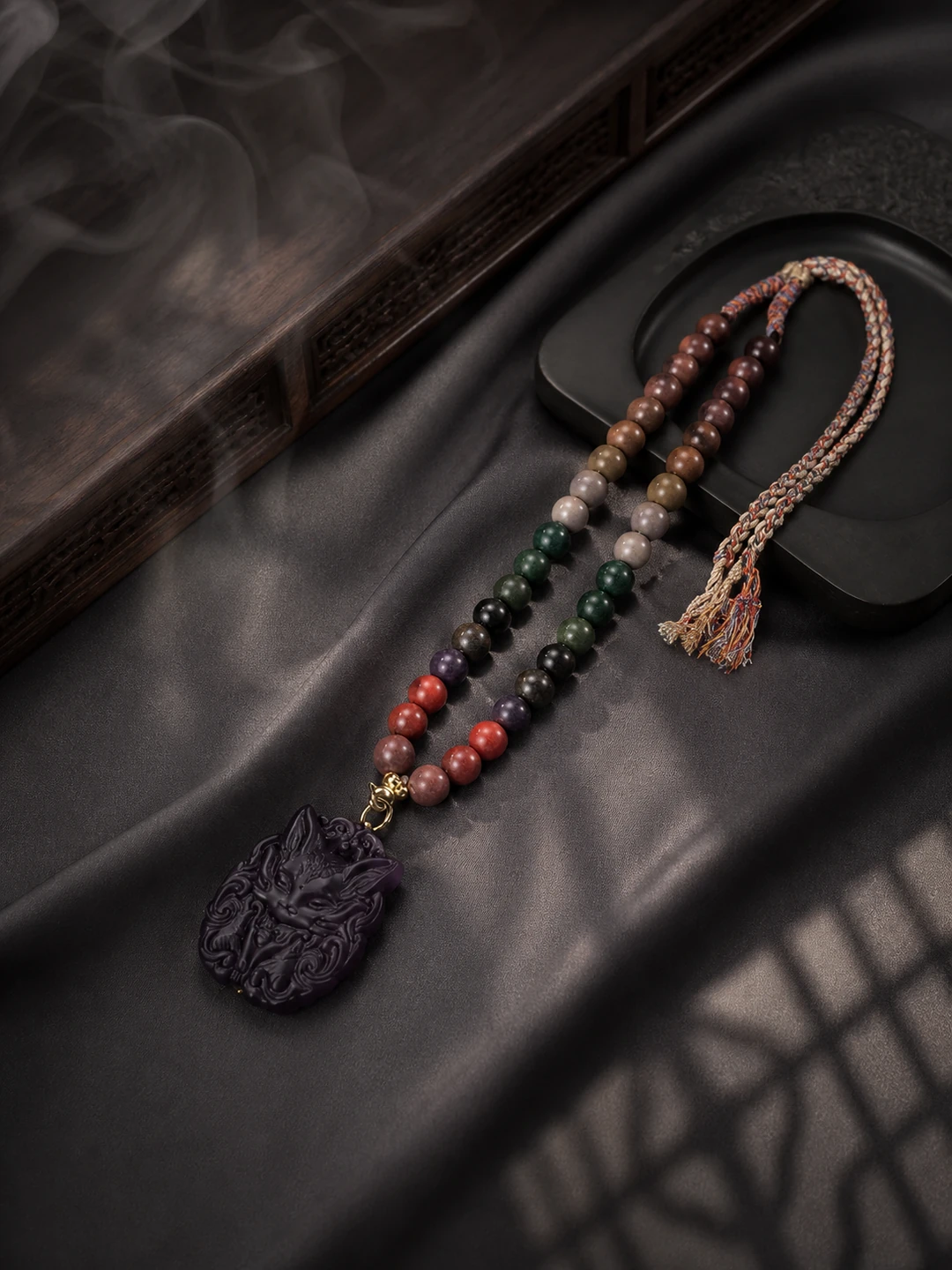 Purple Incense Bead Necklace with Leaf Pendant
