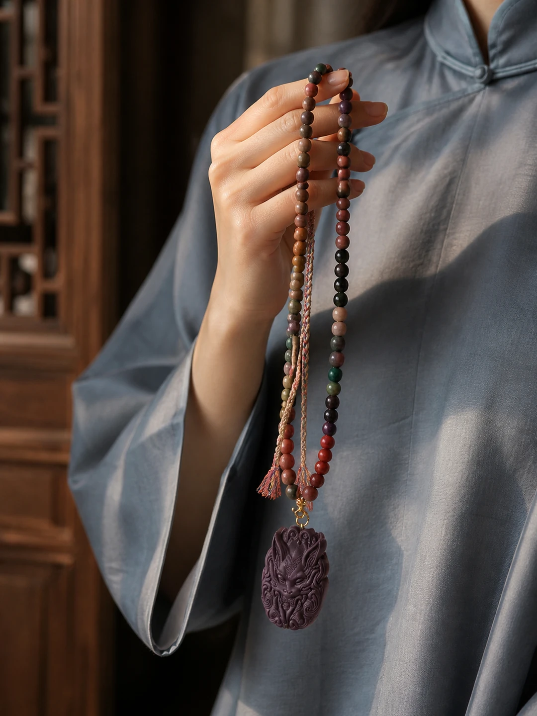Purple Incense Bead Necklace with Leaf Pendant