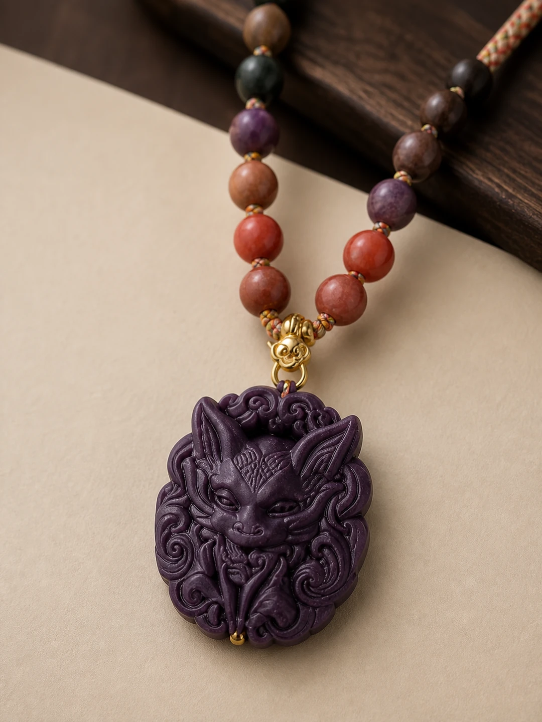 Purple Incense Bead Necklace with Leaf Pendant