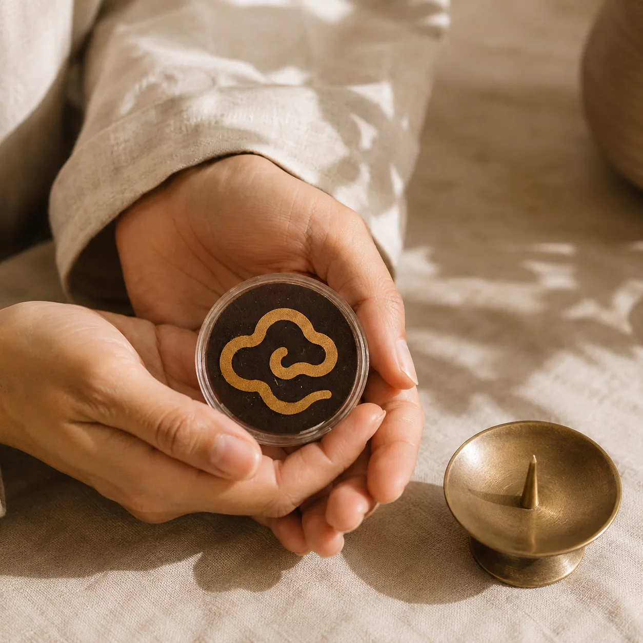 Agarwood incense medallion held with linen