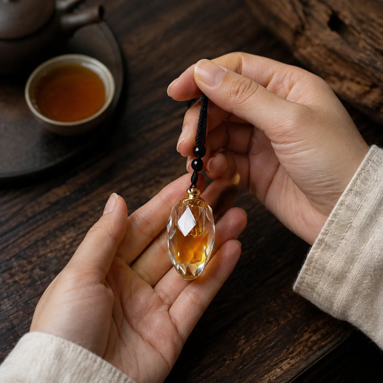 Amber-tone agarwood pendant held with linen
