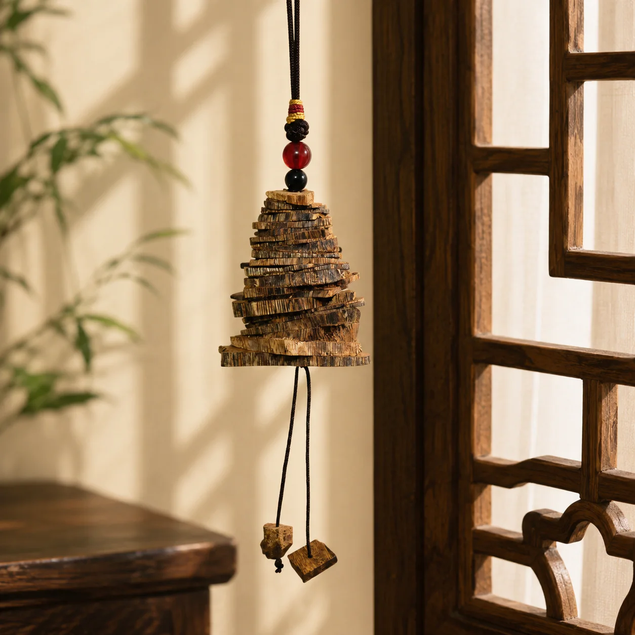 Agarwood pagoda ornament in a refined setting