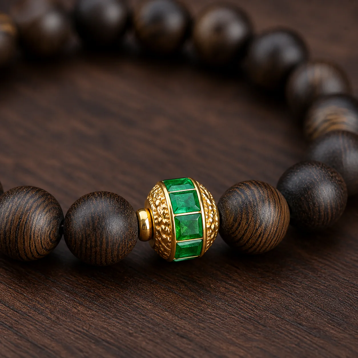 Agarwood bracelet green gemstone accent detail