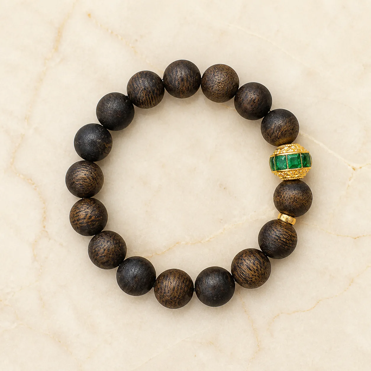 Agarwood bracelet with green gemstone accent full product detail