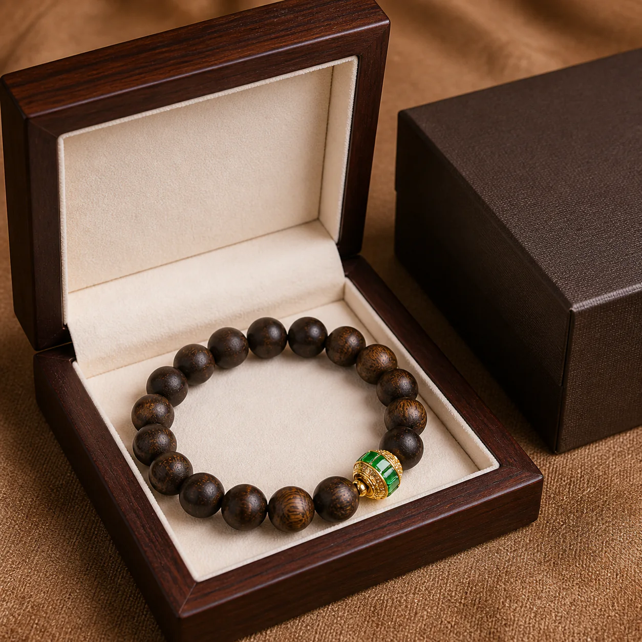 Agarwood bracelet with green gemstone accent gift presentation