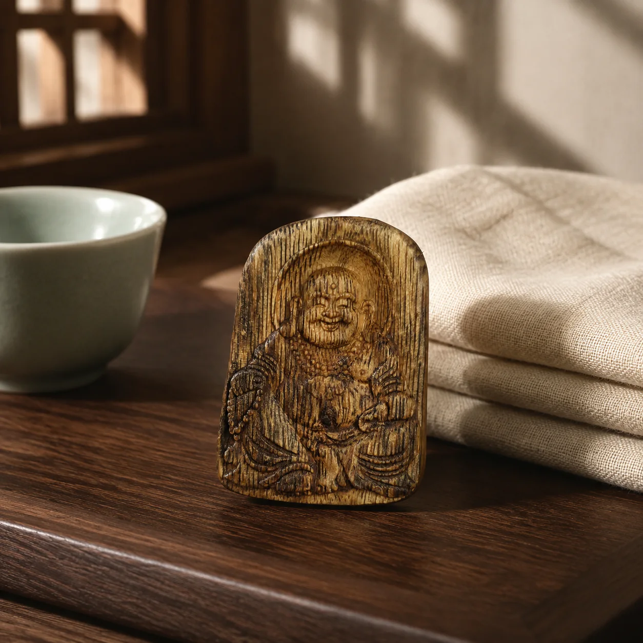 Carved agarwood Buddha pendant in a refined setting