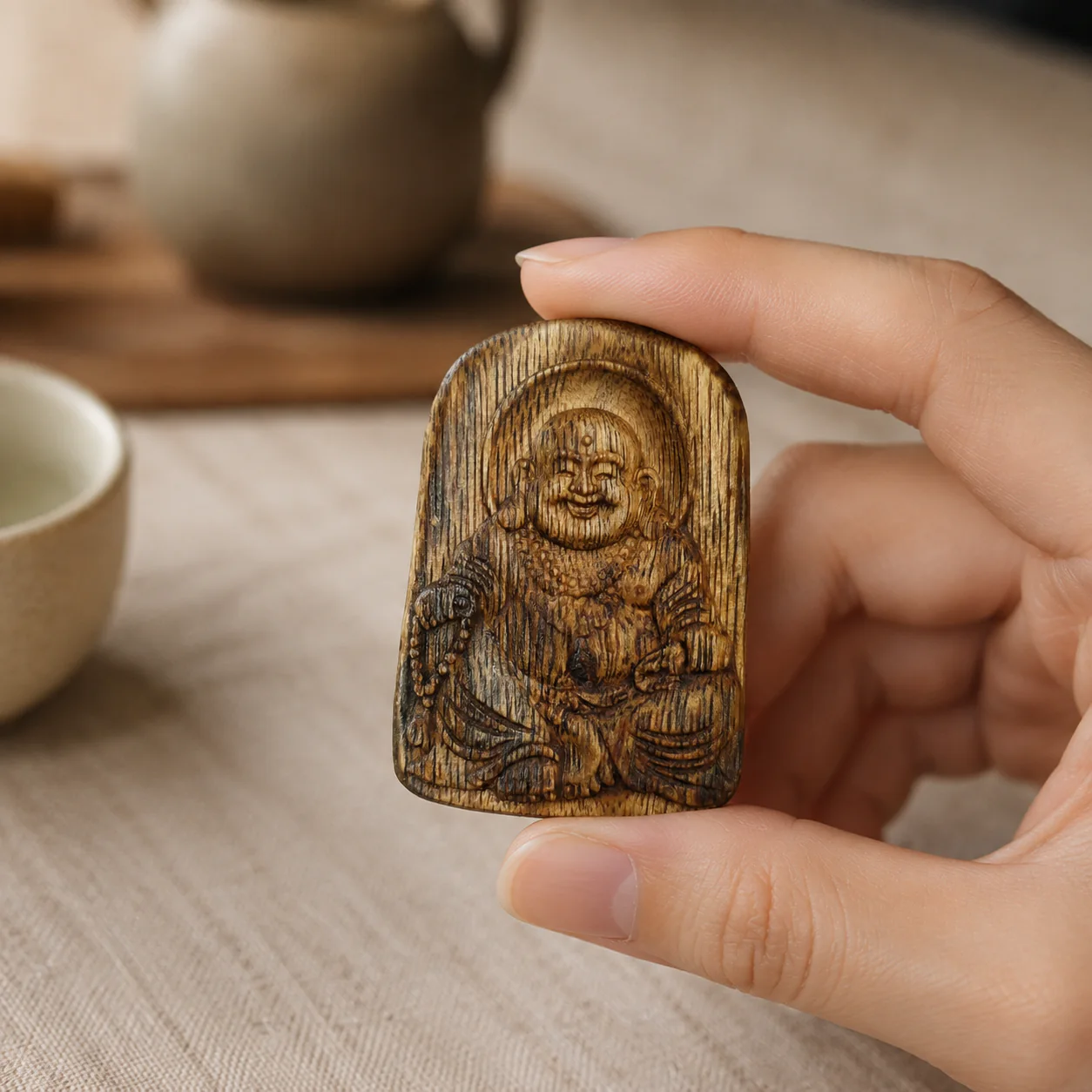 Carved agarwood Buddha pendant held by hand
