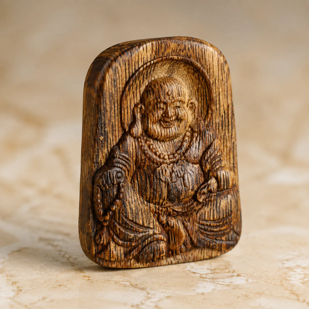 Carved agarwood Buddha pendant side and material detail
