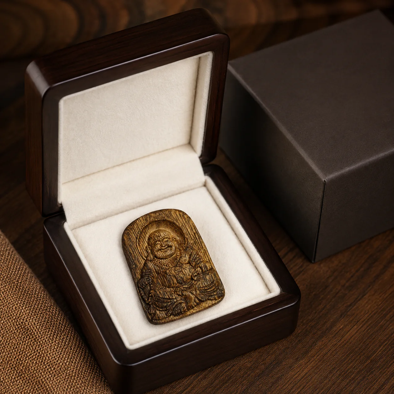 Carved agarwood Buddha pendant gift presentation