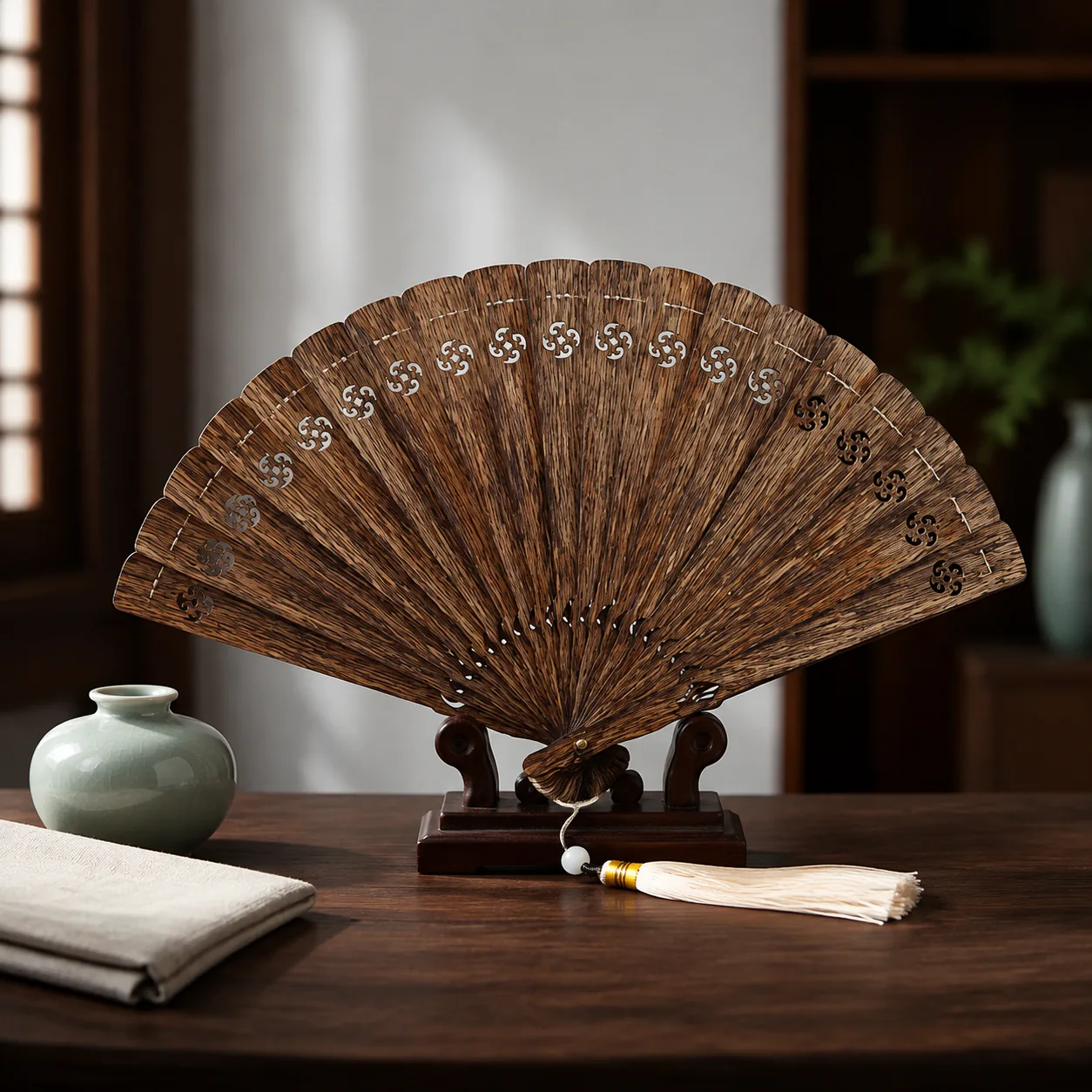 Agarwood folding fan in a refined setting