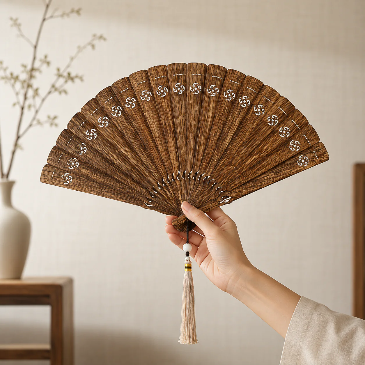 Agarwood folding fan held by hand