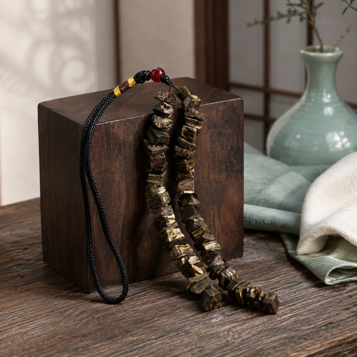 Irregular agarwood prayer beads in a refined setting