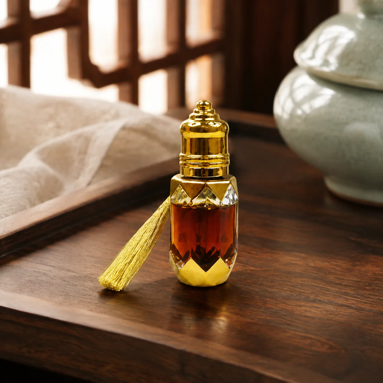 Kyara-style agarwood essential oil in a refined setting