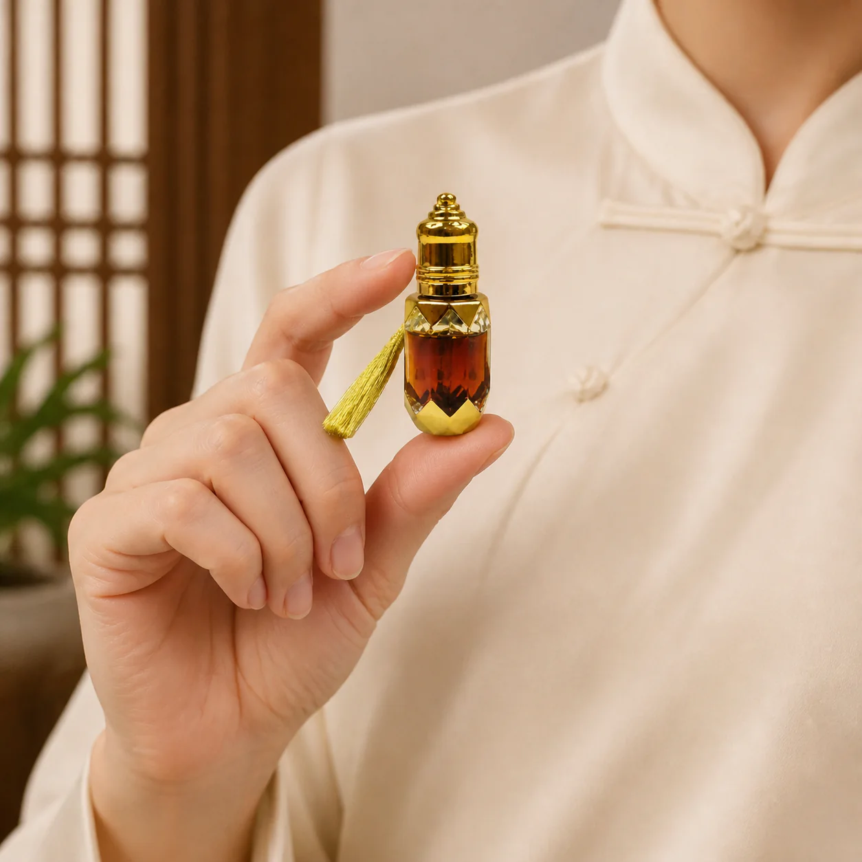 Kyara-style agarwood essential oil bottle held by hand