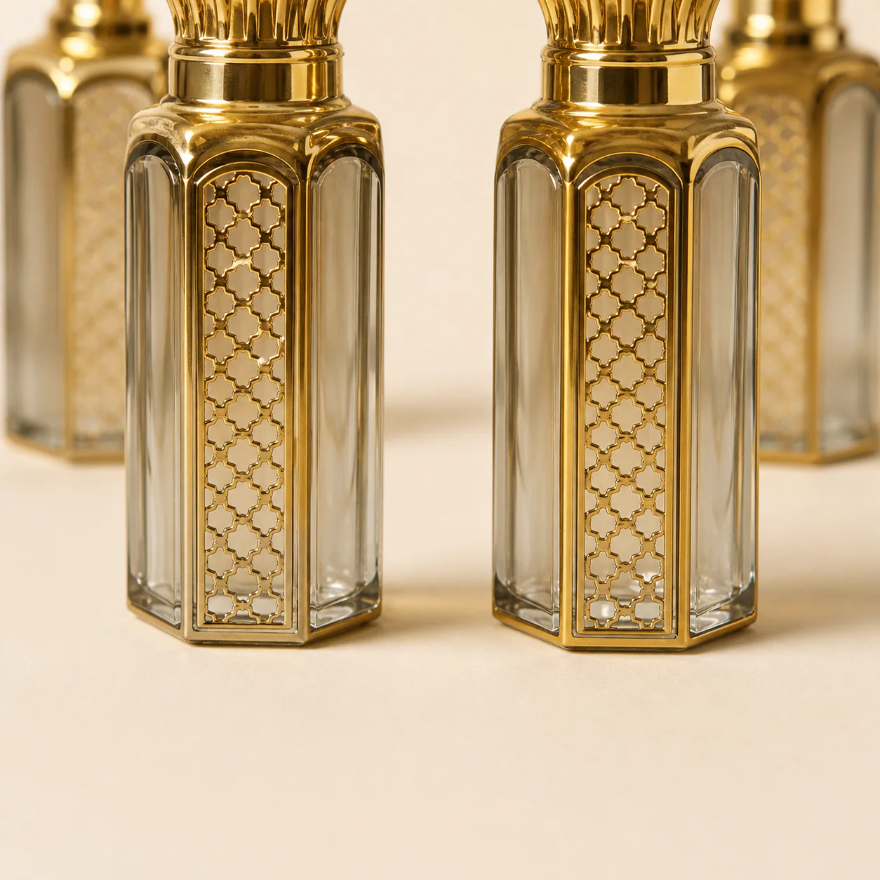 Agarwood fragrance oil faceted bottle and lattice detail