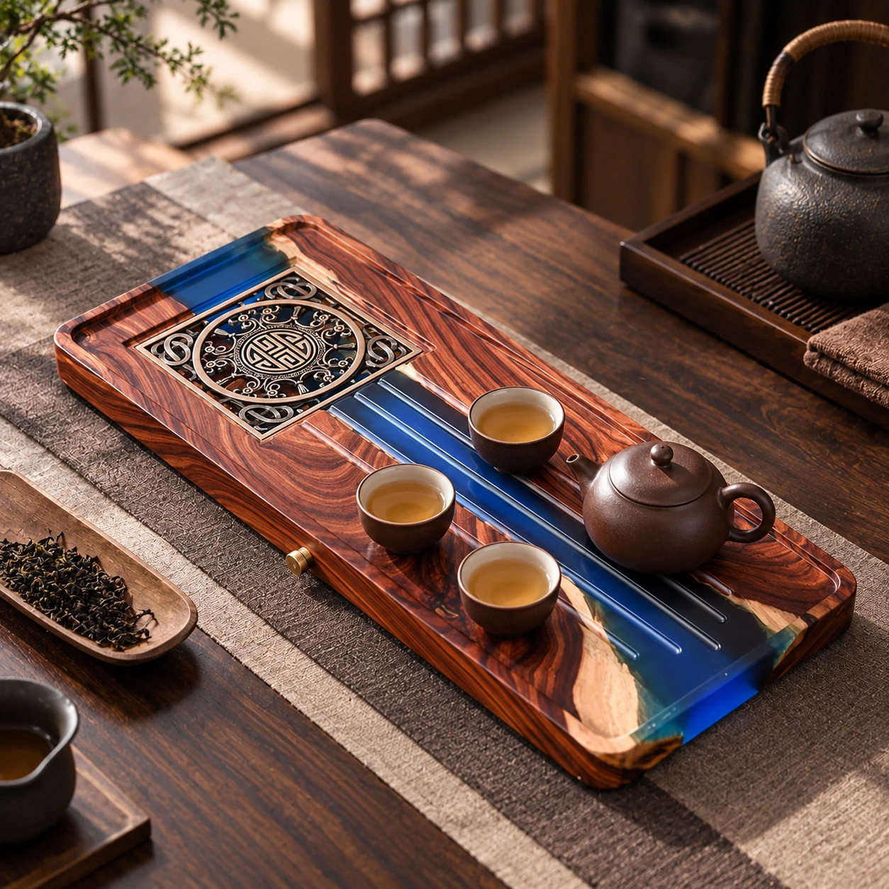 Rosewood and Resin Tea Tray in a calm tea-table setting