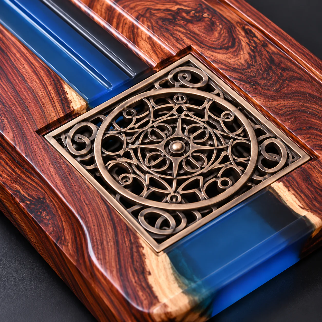 Rosewood and Resin Tea Tray showing wood grain resin channel and metal insert detail