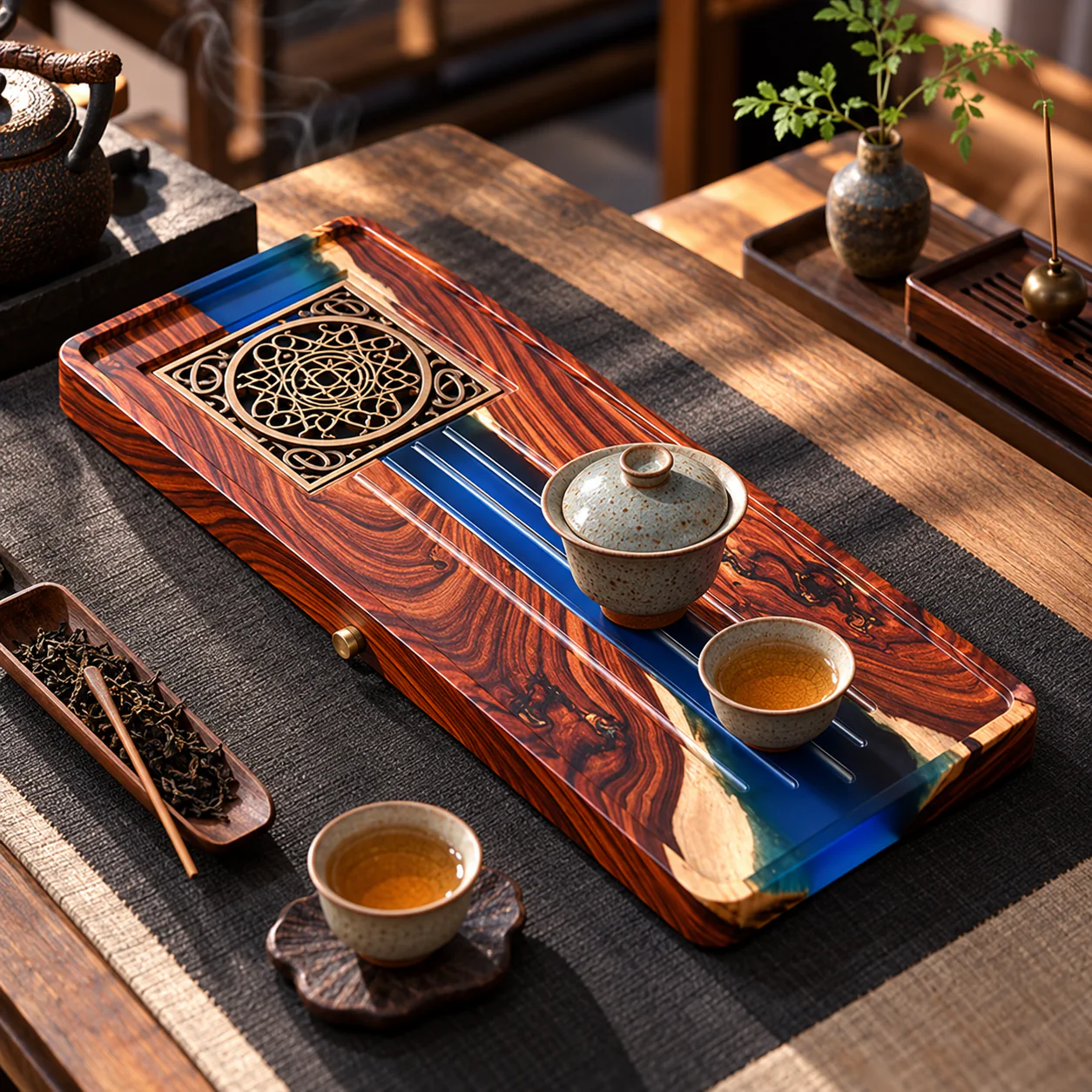 Rosewood and Resin Tea Tray arranged for a refined tea ritual