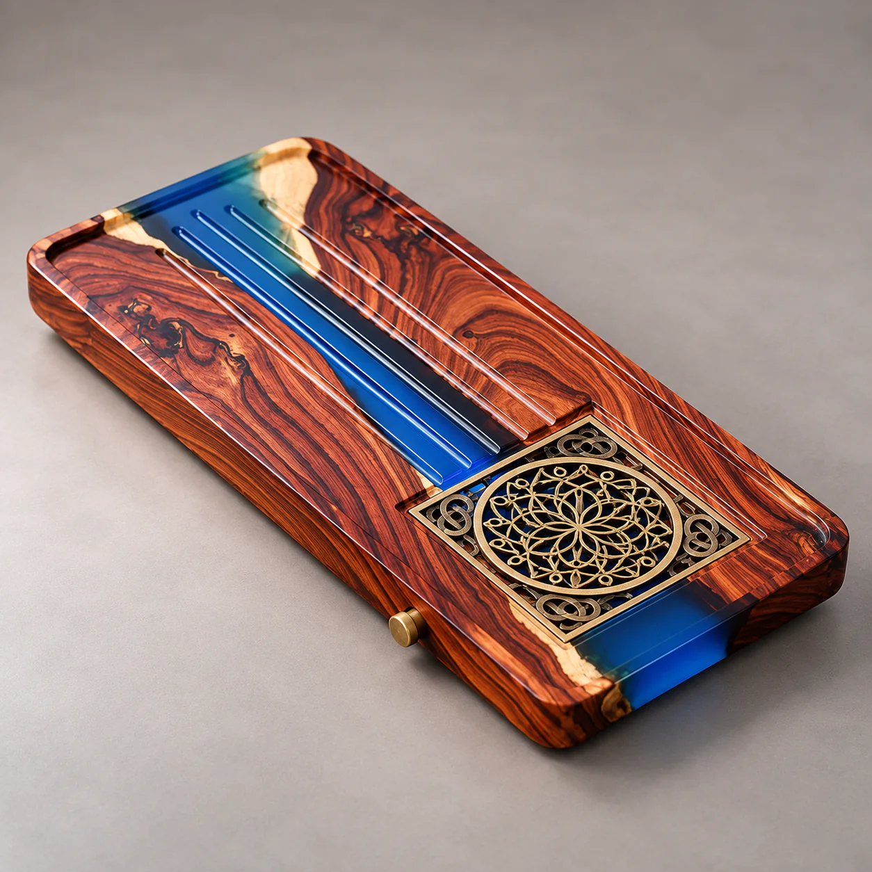 Rosewood and Resin Tea Tray showing its profile and handcrafted finish