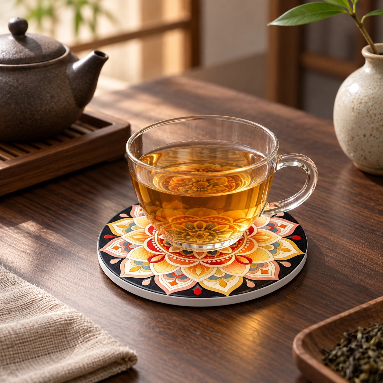 Bohemian Ceramic Tea Coaster in a calm tea-table setting