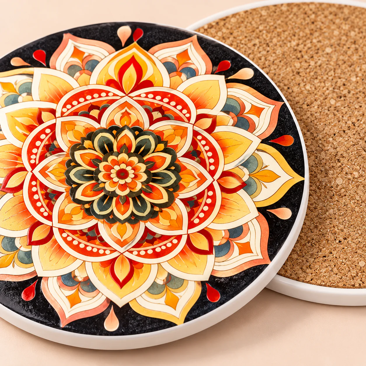 Bohemian Ceramic Tea Coaster showing glazed pattern and cork backing detail