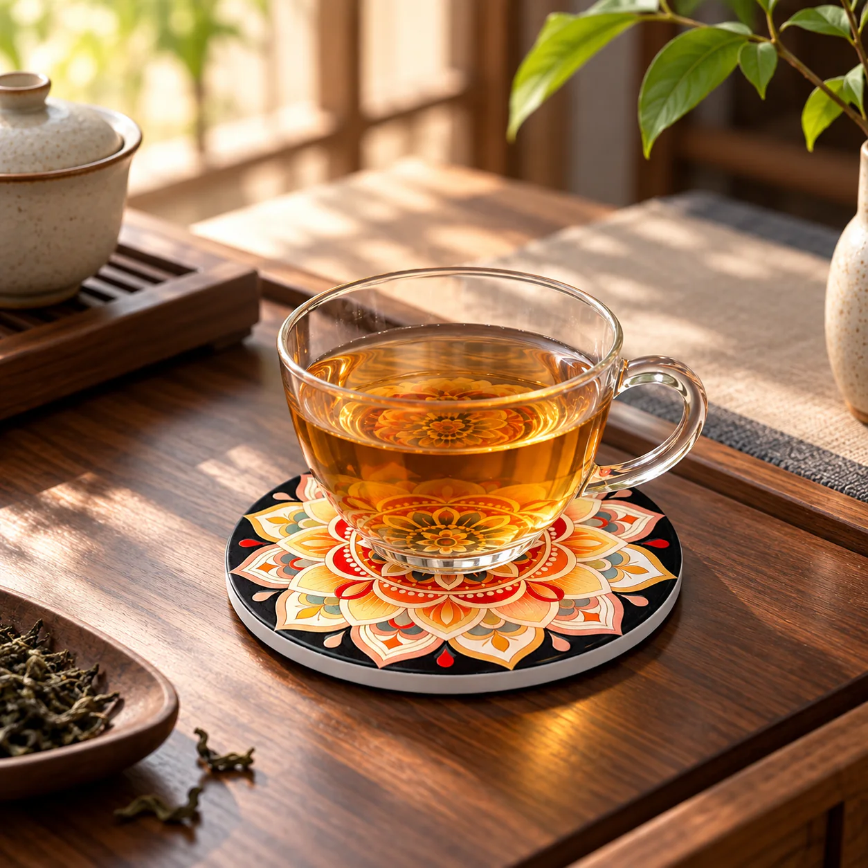 Bohemian Ceramic Tea Coaster supporting a glass cup on a refined tea table
