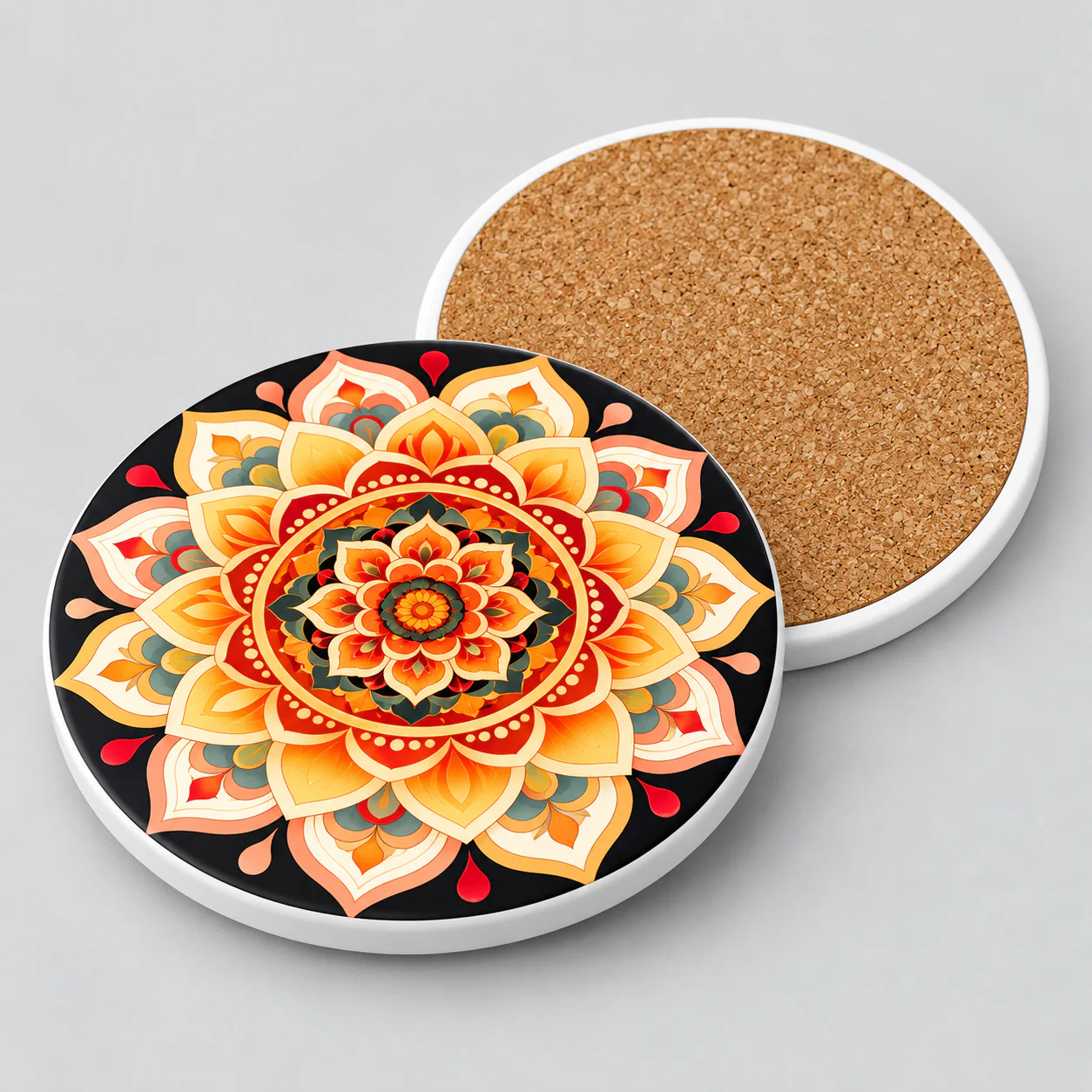 Bohemian Ceramic Tea Coaster showing its profile and anti-slip cork base