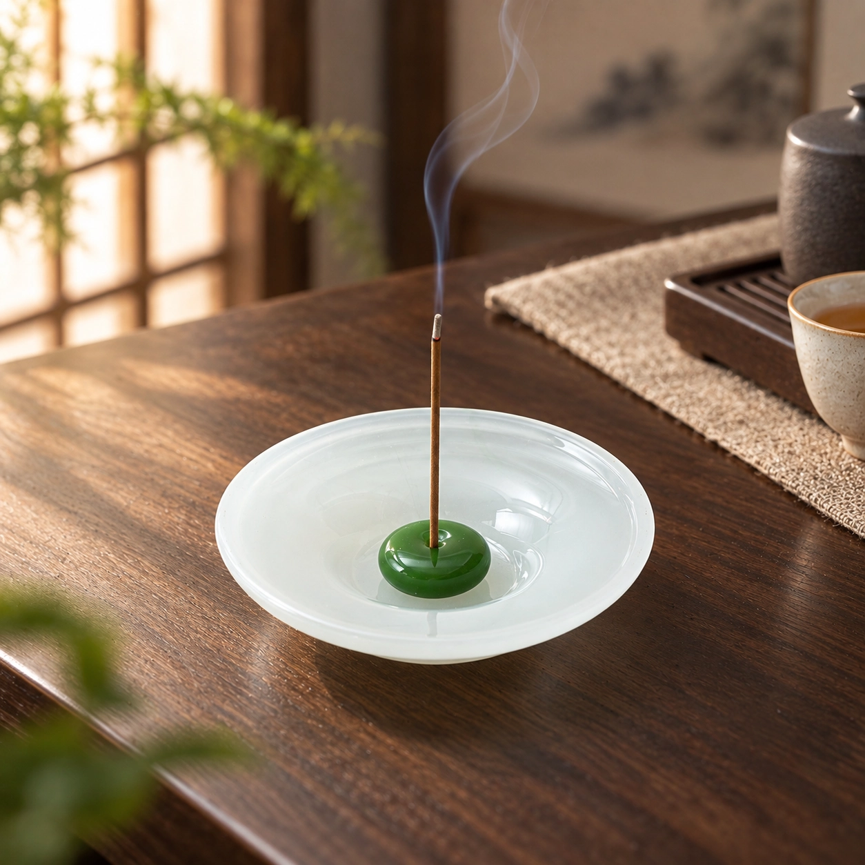 Ice-Jade Glass Incense Holder in a calm tea-table setting
