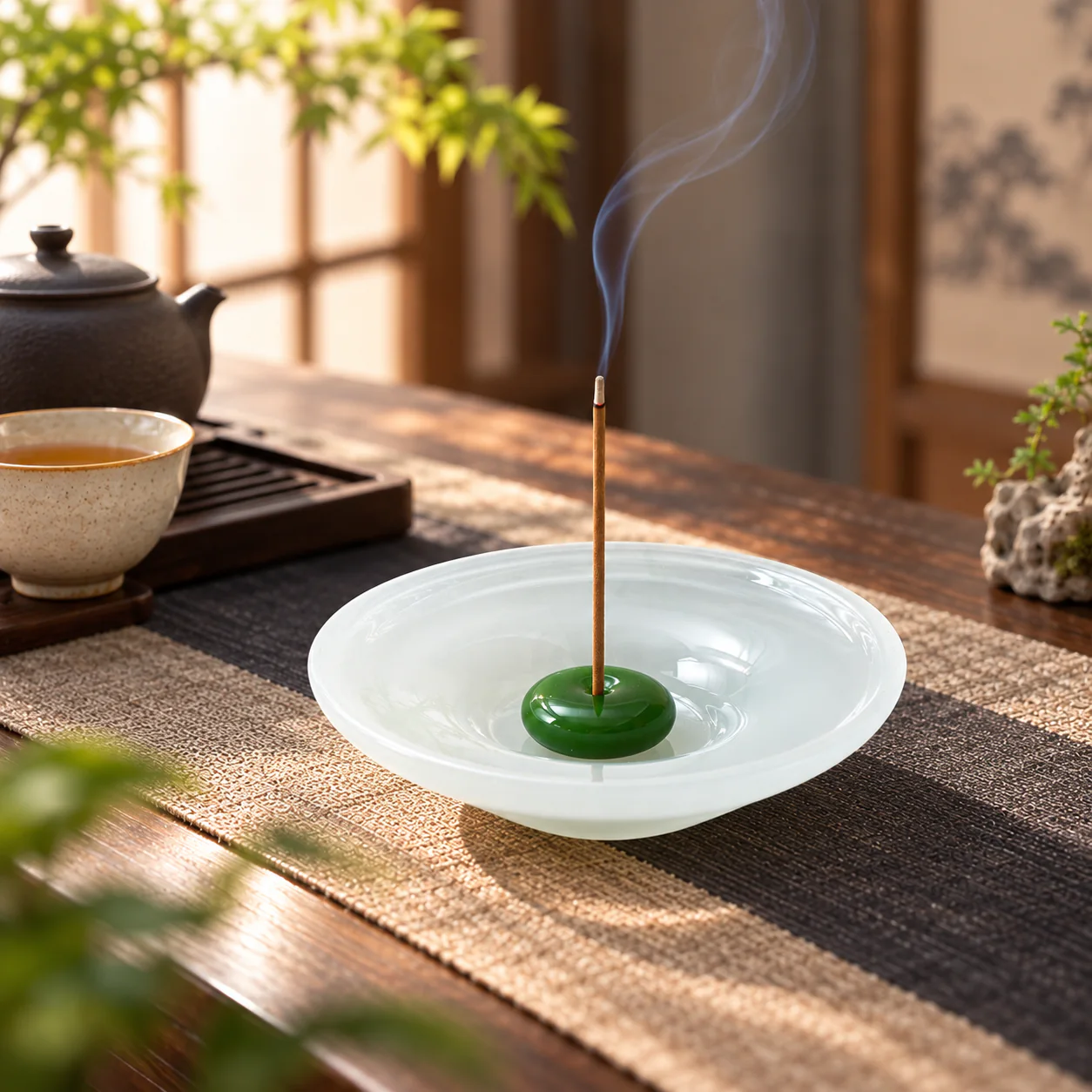 Ice-Jade Glass Incense Holder in a calm tea-table ritual setting