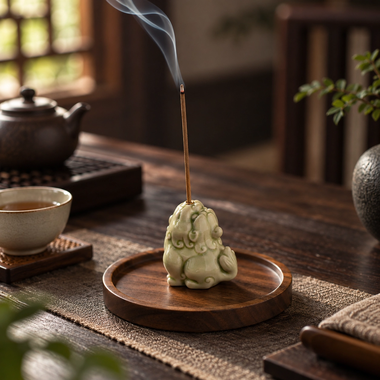Celadon Guardian Beast Incense Holder in a calm tea-table setting