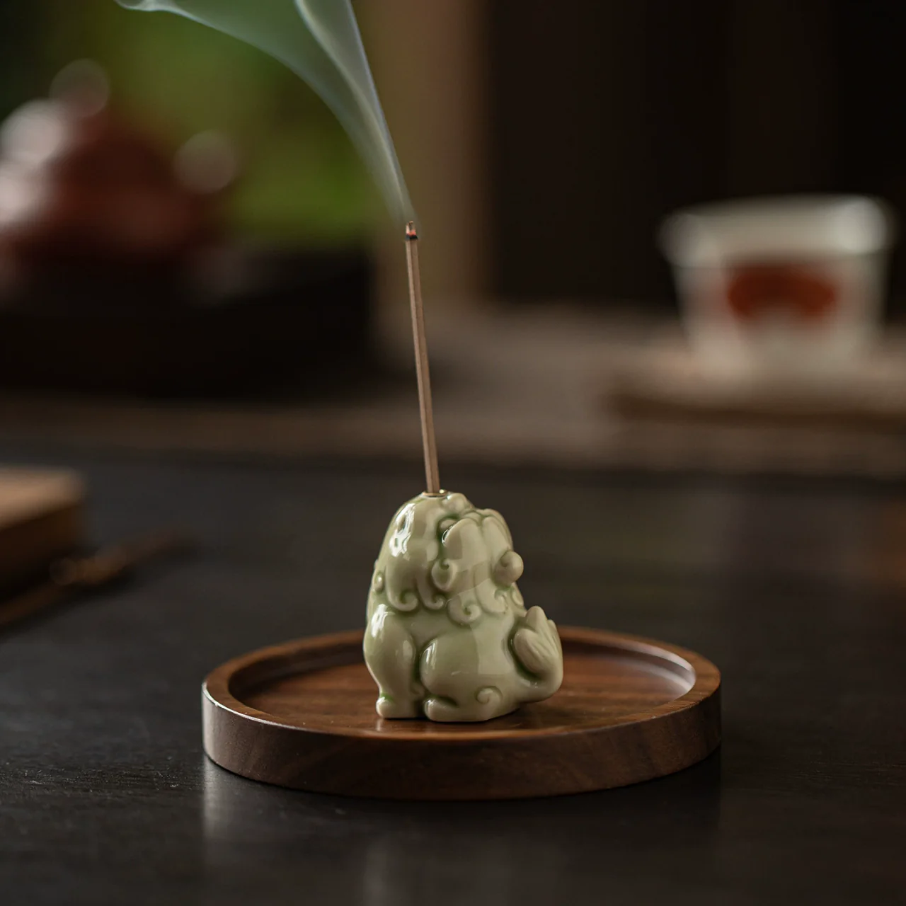 Celadon Guardian Beast Incense Holder showing its profile and incense opening