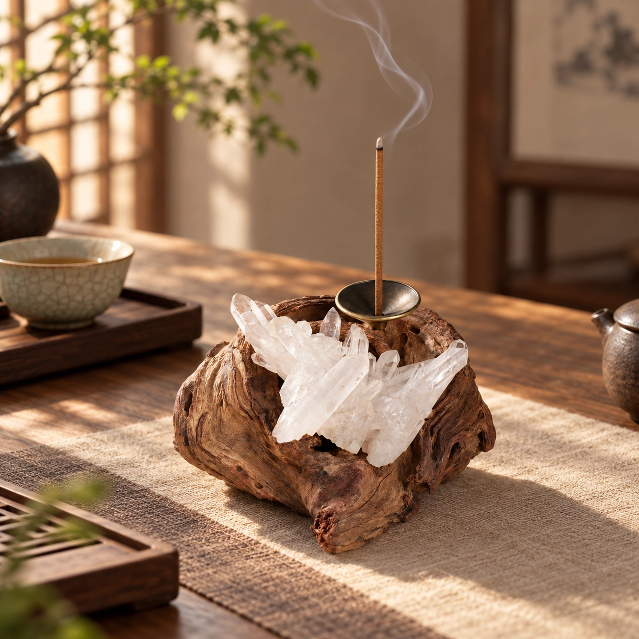 Crystal and Wood Incense Holder in a calm tea-table setting