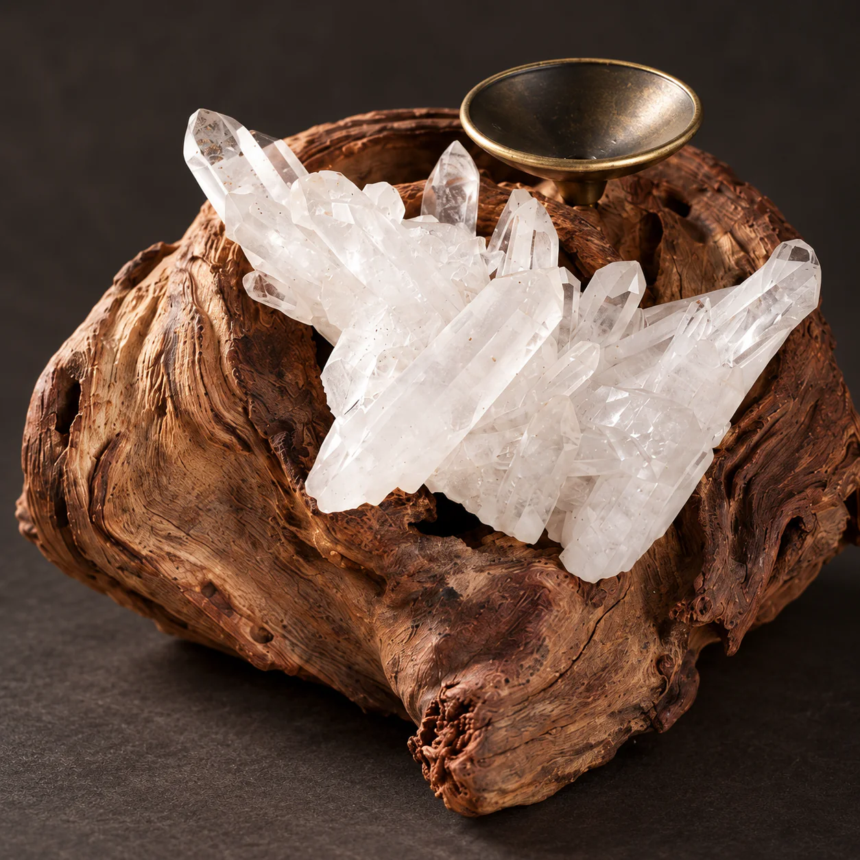 Crystal and Wood Incense Holder showing clear quartz points and natural wood grain