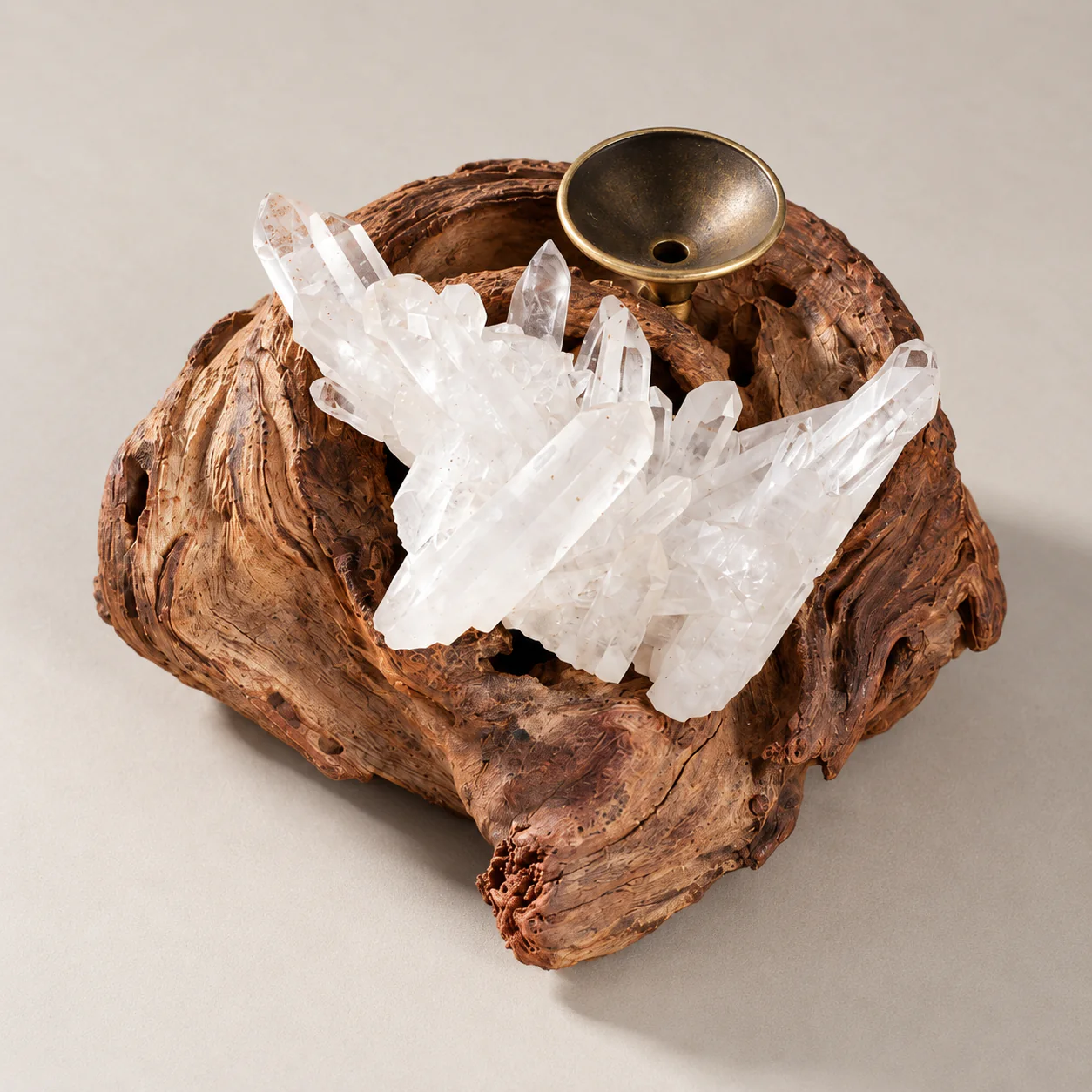 Crystal and Wood Incense Holder showing its brass cup and quartz cluster from above