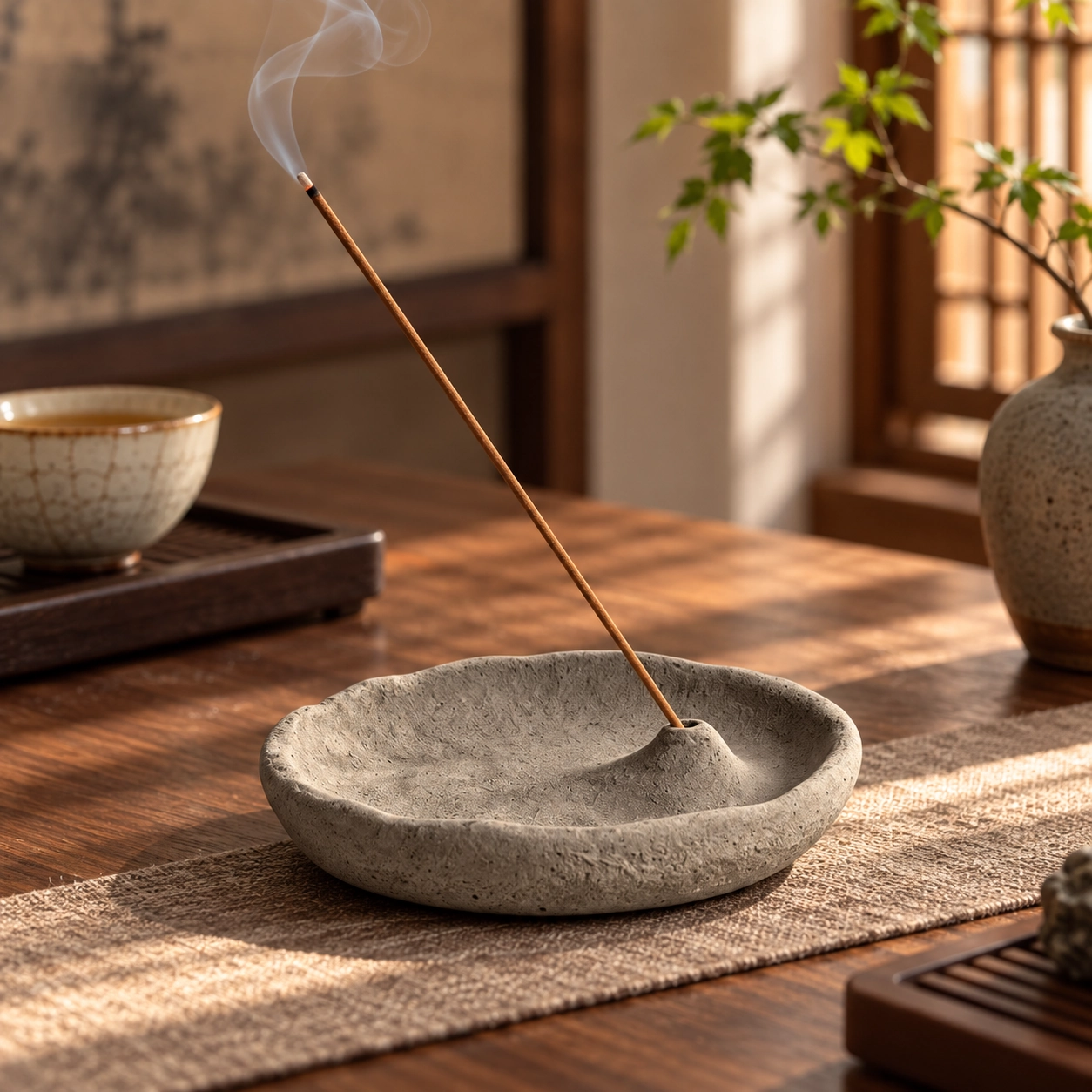 Wabi-Sabi Cement Incense Tray in a calm tea-table setting
