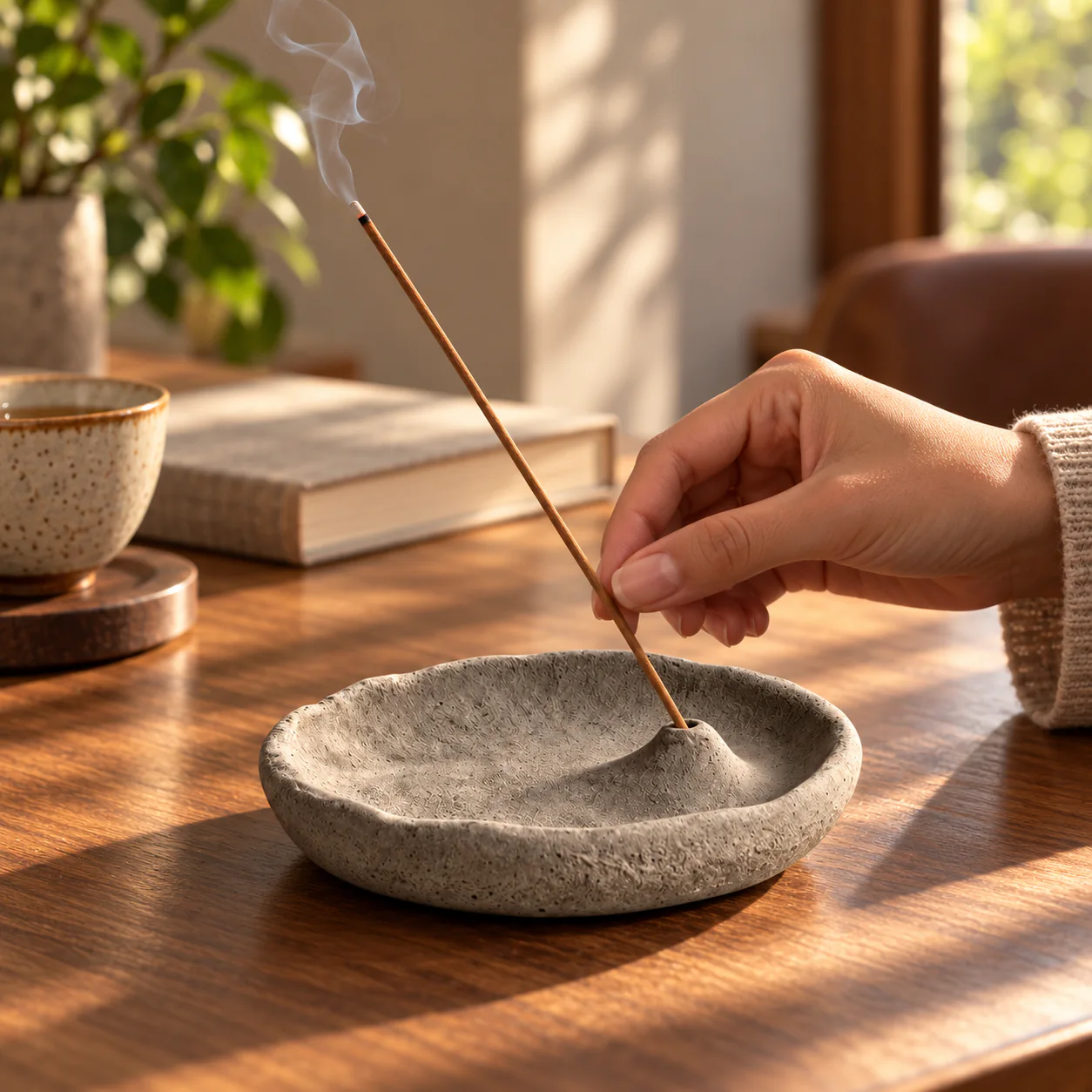 Hand placing incense into the gray cement incense tray