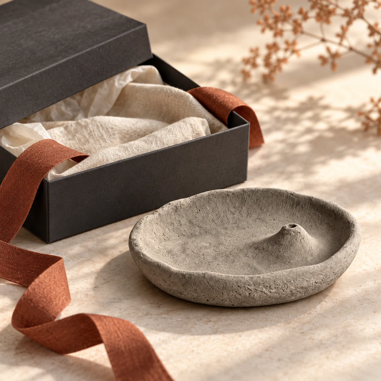 Gray cement incense tray beside a premium gift box