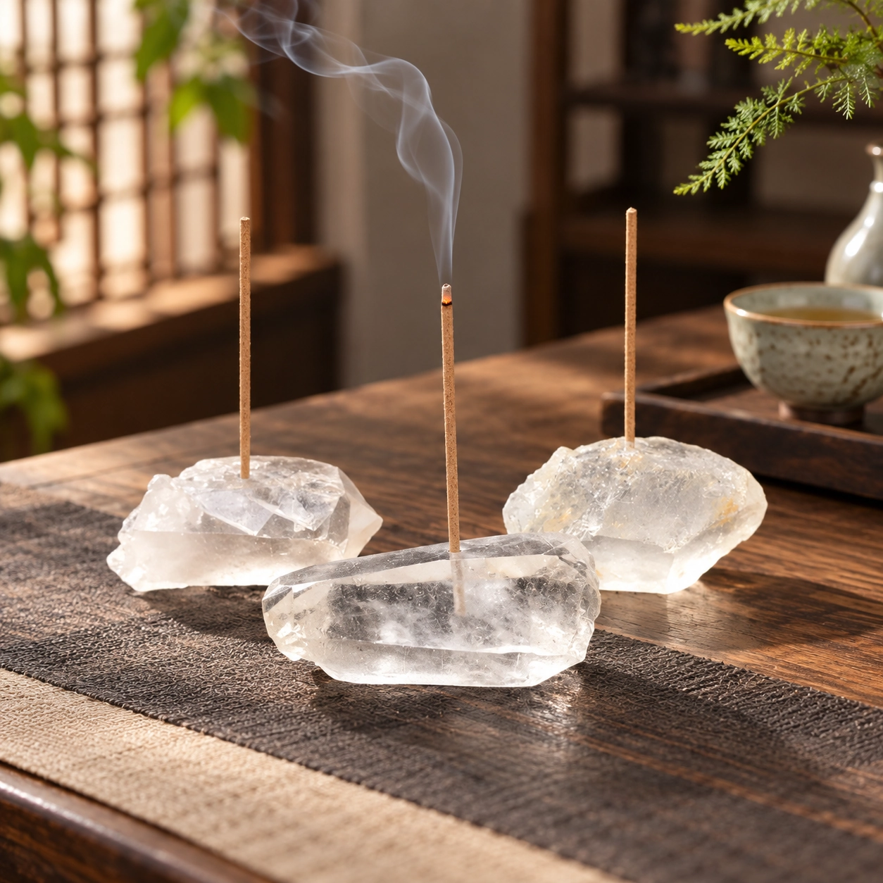 Natural White Crystal Incense Holder in a calm tea-table setting