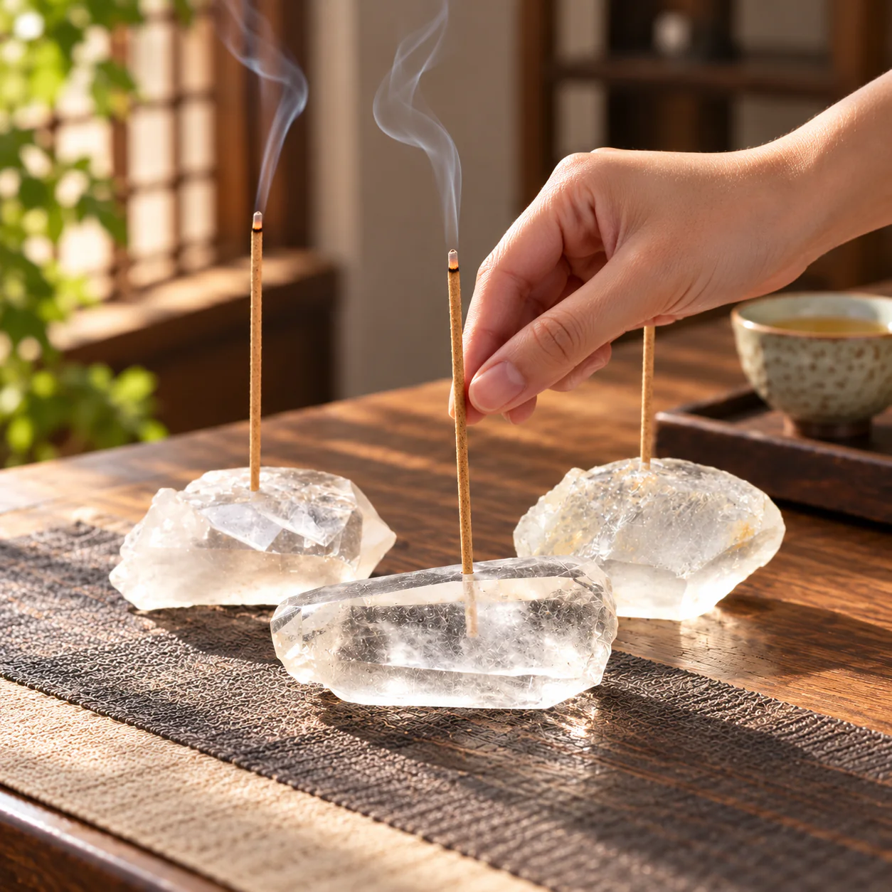 Hand arranging incense in a three-piece white crystal holder set
