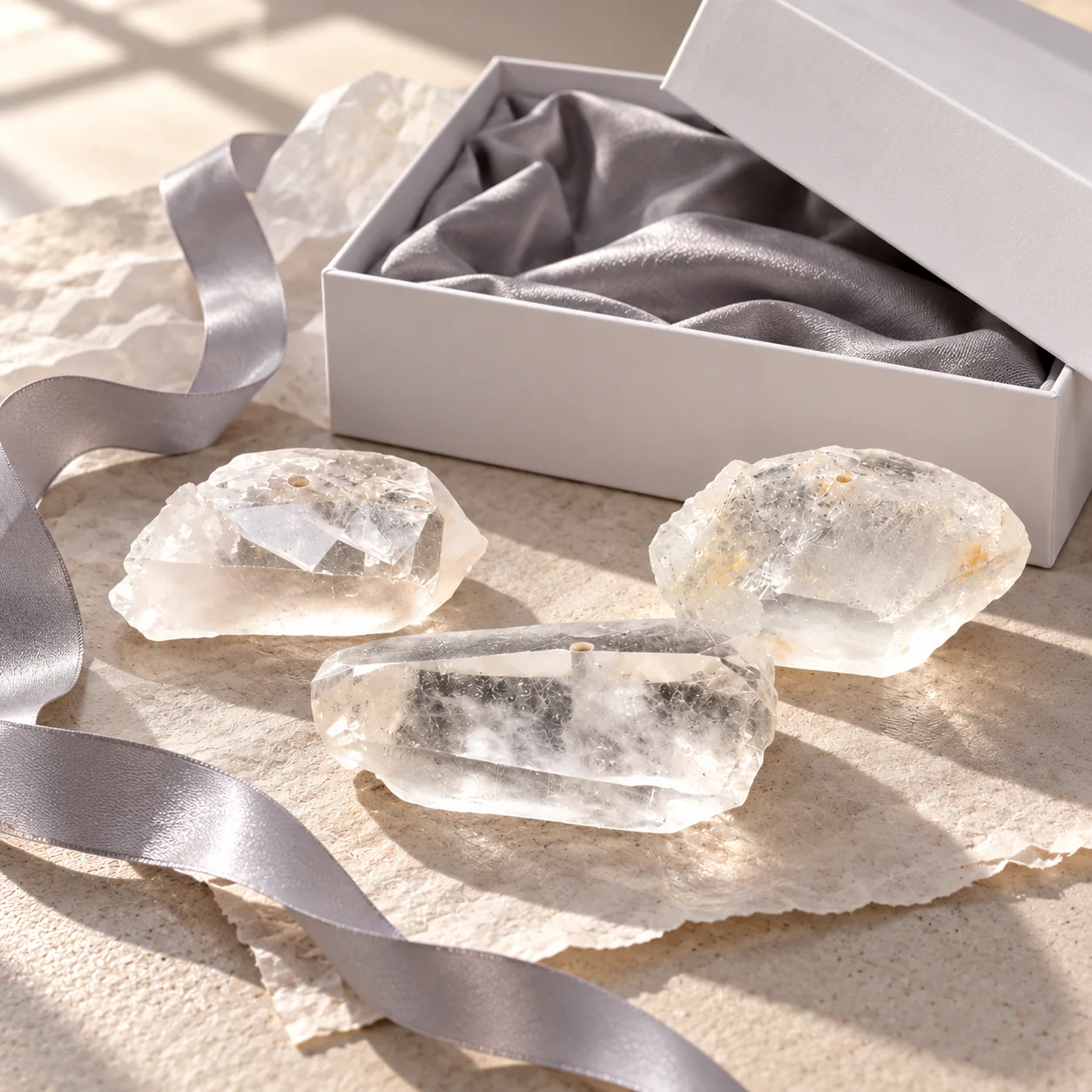 Three natural white crystal incense holders with gift packaging