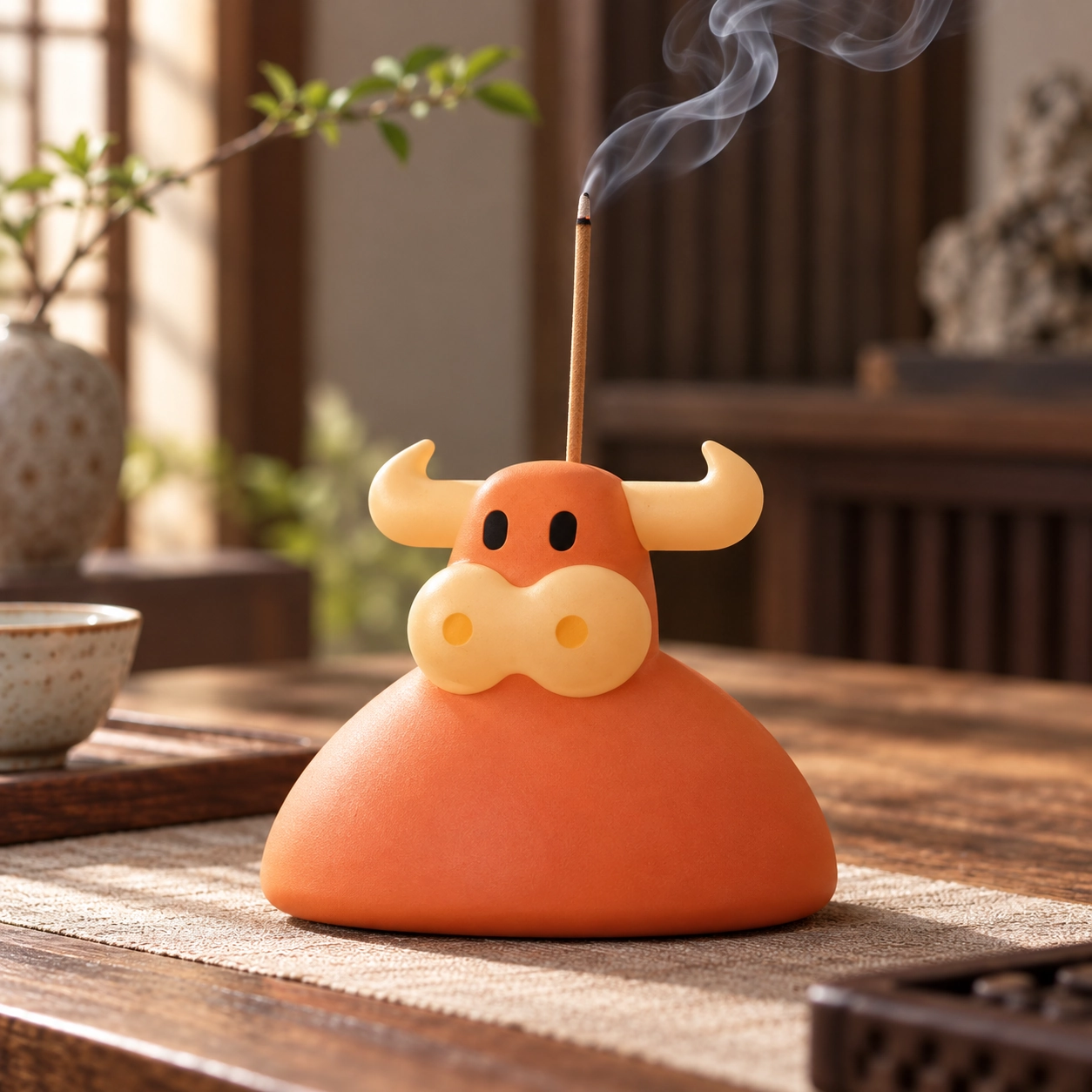 Playful Bull Incense Holder in a calm tea-table setting