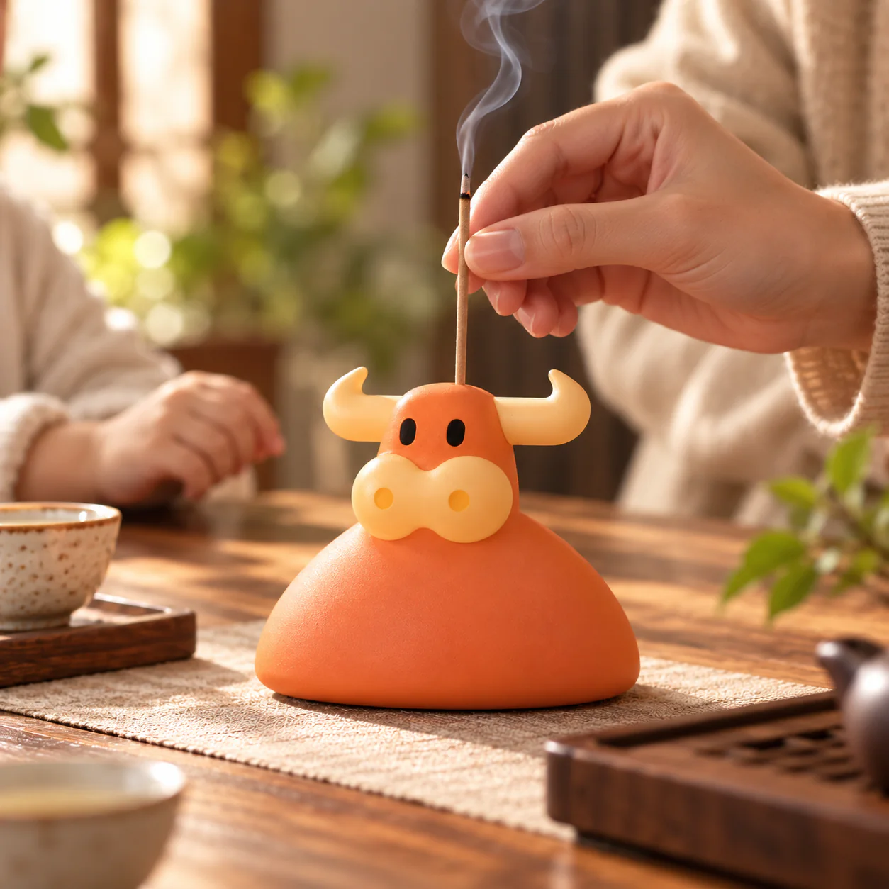 Playful Bull Incense Holder in a warm family tea-table ritual