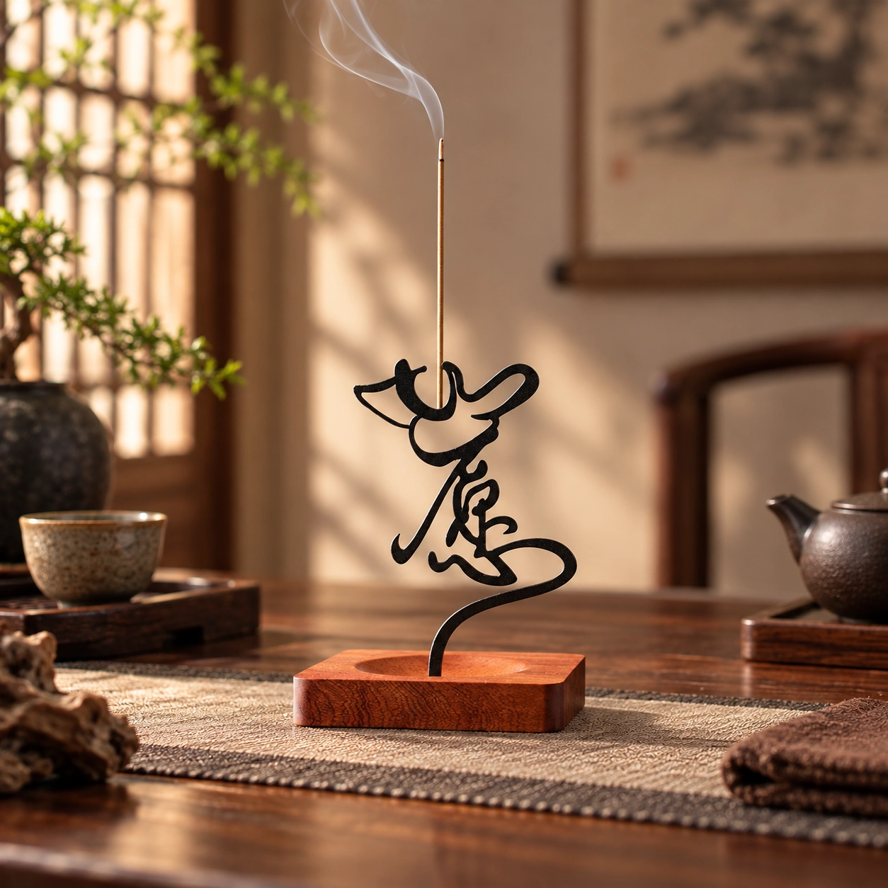 Calligraphy Metal Standing Incense Holder in a calm tea-table setting